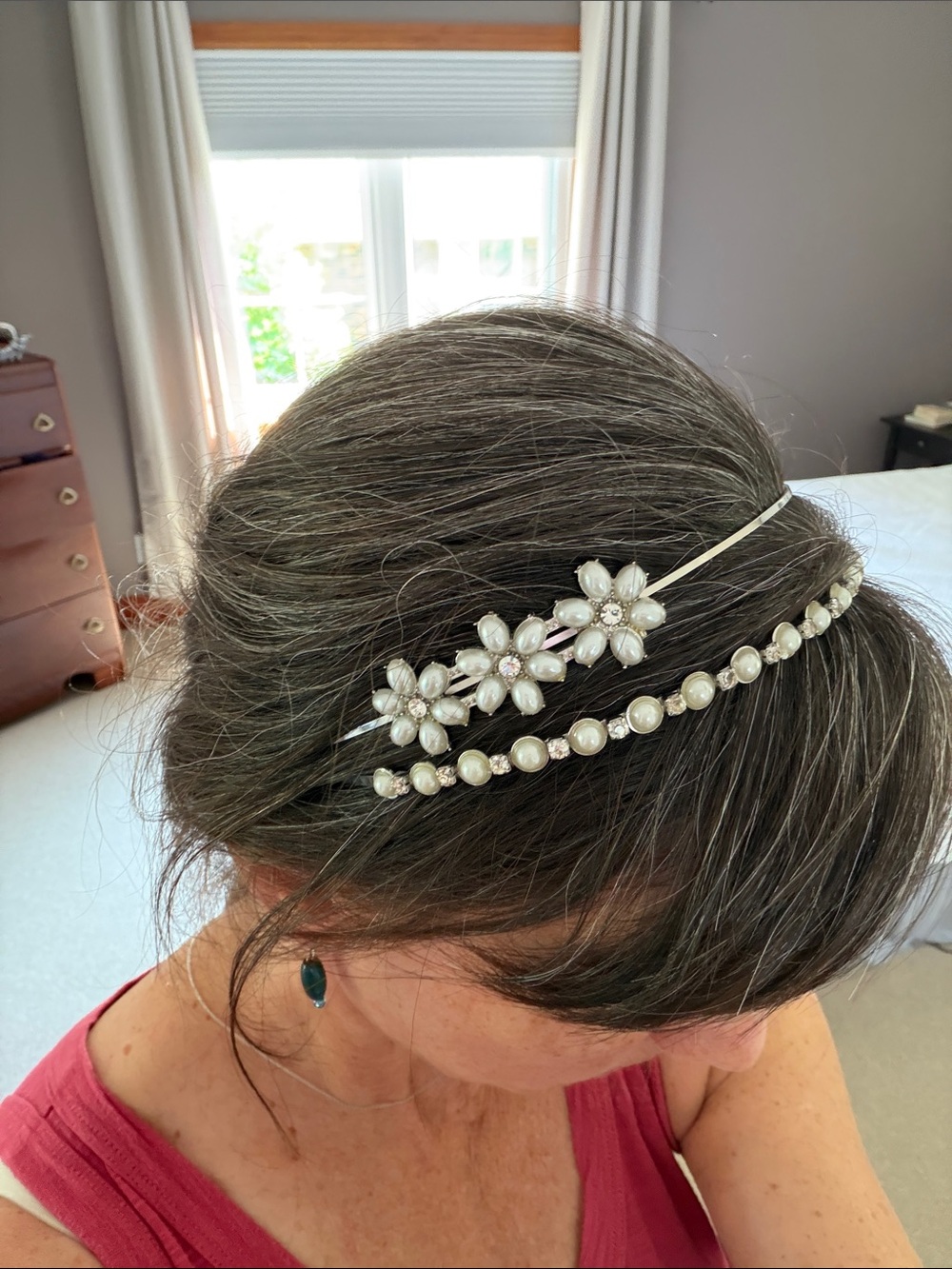 Pearl and Floral Crystal Double Headband - White